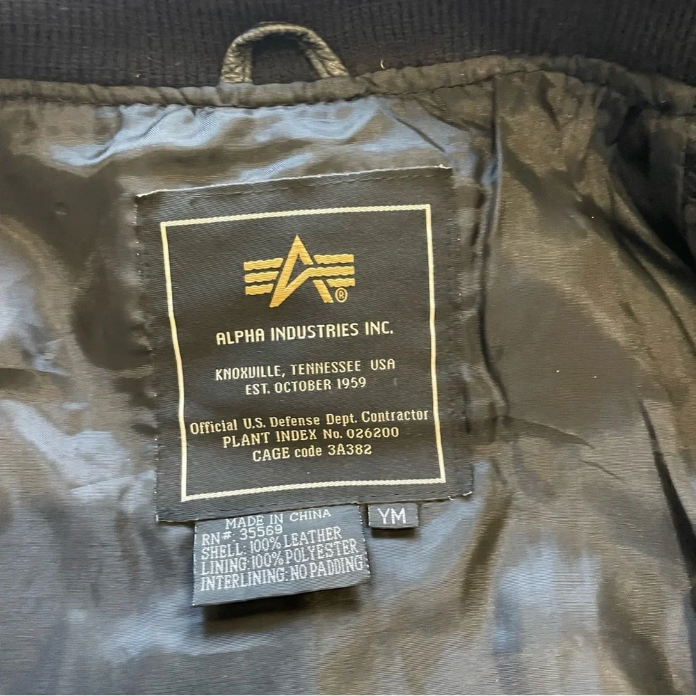 NASA Alpha Industries Black Leather Bomber Jacket. Size YM